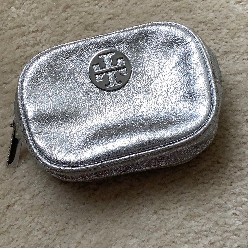 Tory Burch Shimmering Small Silver Makeup Pouch
